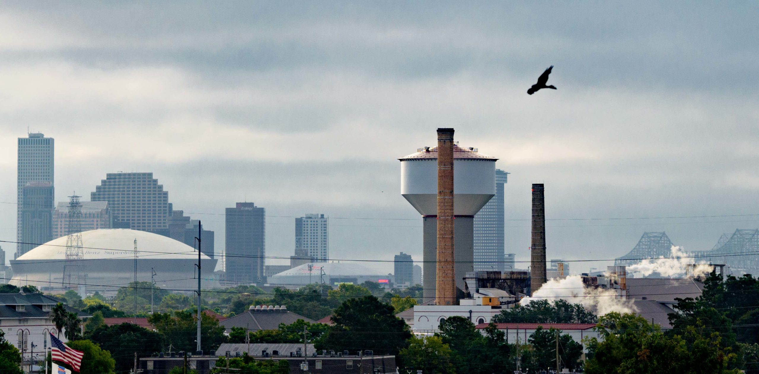 Steam rises from the Sewerage &amp; Water Board of New Orleans ahead of Tropical Storm Marco. The building includes 200-foot water hammer towers that are designed to prevent the loss of water pressure and avoid boil-water advisories, however, a precautionary boil water advisory is in effect for parts of the upper and lower 9th Ward. The city released a statement saying 99 of its 99 drainage pumps, four turbines, and five elctro-motive diesel generators are working. A flash flood watch will be in effect through Tuesday morning with possibly 3-5+ inches of rain.  📸@MattHintonPhoto for @VeryLocalNOLA
#hurricaneMarco #tropicalstormMarco #weather #vlnola #neworleans #louisiana #hurricane @swbneworleans #TSLaura #TropicalStormLaura #swbneworleans