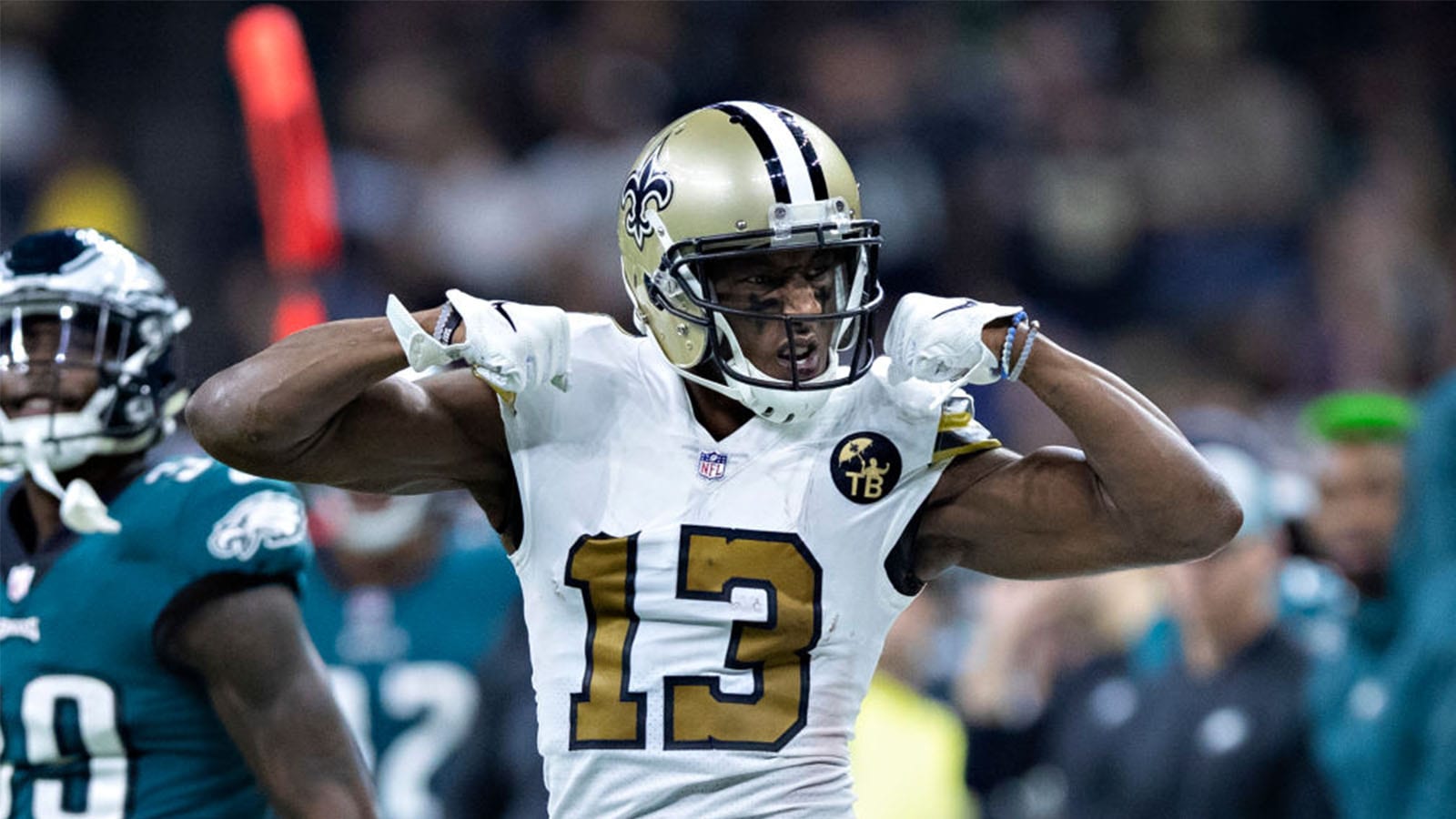 NEW ORLEANS, LA - NOVEMBER 18: Michael Thomas #13 of the New Orleans Saints flexes his muscles after a big catch during a game against the Philadelphia Eagles at Mercedes-Benz Superdome on November 18, 2018 in New Orleans, Louisiana. The Saints defeated the Eagles 48-7. (Photo by Wesley Hitt/Getty Images)