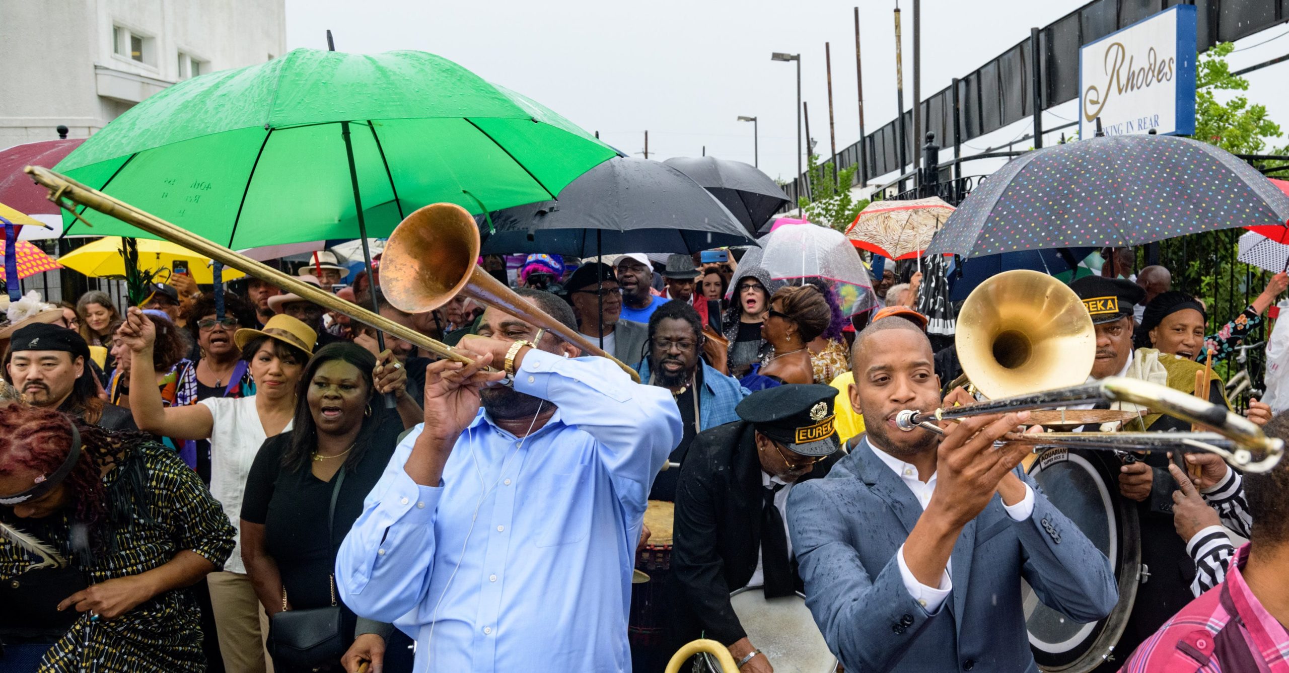 Trombonist Glen David Andrews, left, and his cousin Troy Trombone Shorty Andrews lead a memorial second line for Art Poppa Funk Neville, a co-founder of the Grammy-winning Neville Brothers and The Meters, in New Orleans, Tuesday, July 30, 2019. Arthur Lanon Neville (December 17, 1937  July 22, 2019) was known for New Orleans standards Hey Pocky A-Way, Fire on the Bayou, and Mardi Gras Mambo. He was a pioneer of funk and New Orleans music. Photo by Matthew Hinton