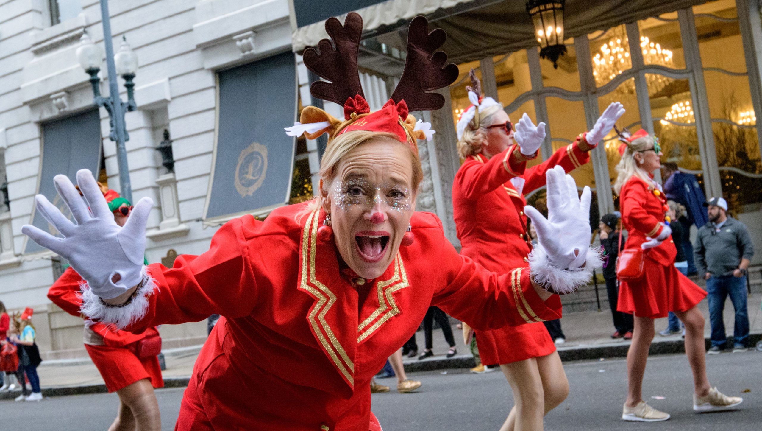 The annual holiday-themed Krewe of Jingle rolls in the Central Business District and Warehouse District in New Orleans December 7, 2019. The event is presented by Downtown Development District and the Roosevelt Hotel New Orleans. Krewes included the Sirens of New Orleans, the Muff-a-Lottas, the Pussy Footers, the Organ Grinders, the Amelia EarHawts &amp; Cabin Krewe, and the Rolling Elvi. Guest riders included Mr. Bingle with news anchor John Snell and photojournalist Lance Washington. Photo by Matthew Hinton