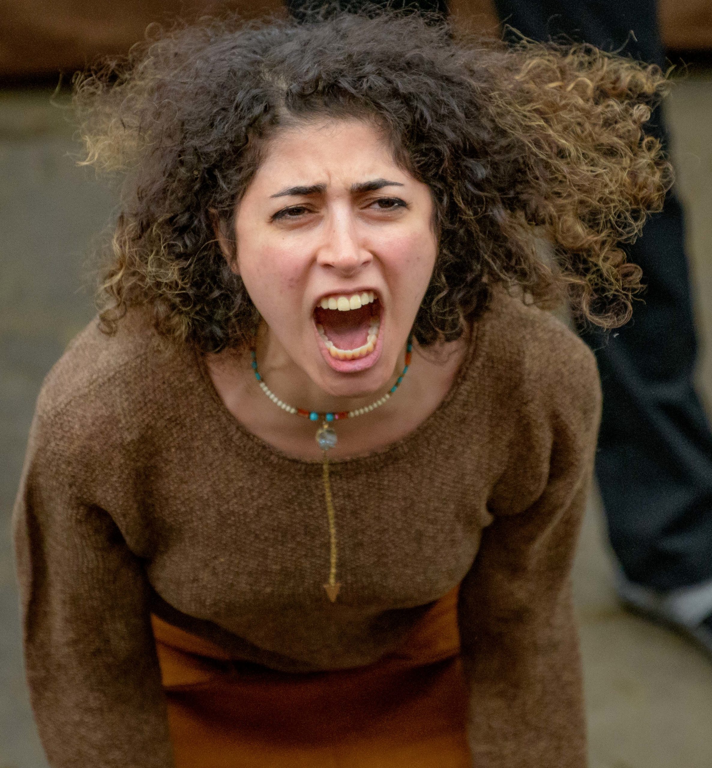 Contestants including Kiana Mashayekh of New York participate in the Stella and Stanley Shouting Contest in Jackson Square in the French Quarter recreating the scene from the play 'A Streetcar Named Desire' set in New Orleans, which was made famous in the film adaptation starting Marlon Brando, to bring an end to the Tennessee Williams Festival /
New Orleans Literary Festival celebrating the work of the author in New Orleans, La. Sunday, March 31, 2019. Photo by Matthew Hinton