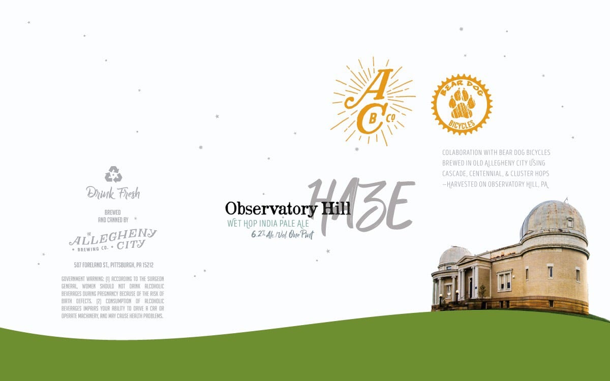 The can label for Observatory Hill Haze, designed by Frank Dreyer of the Northside. Photo courtesy of Allegheny City Brewing.