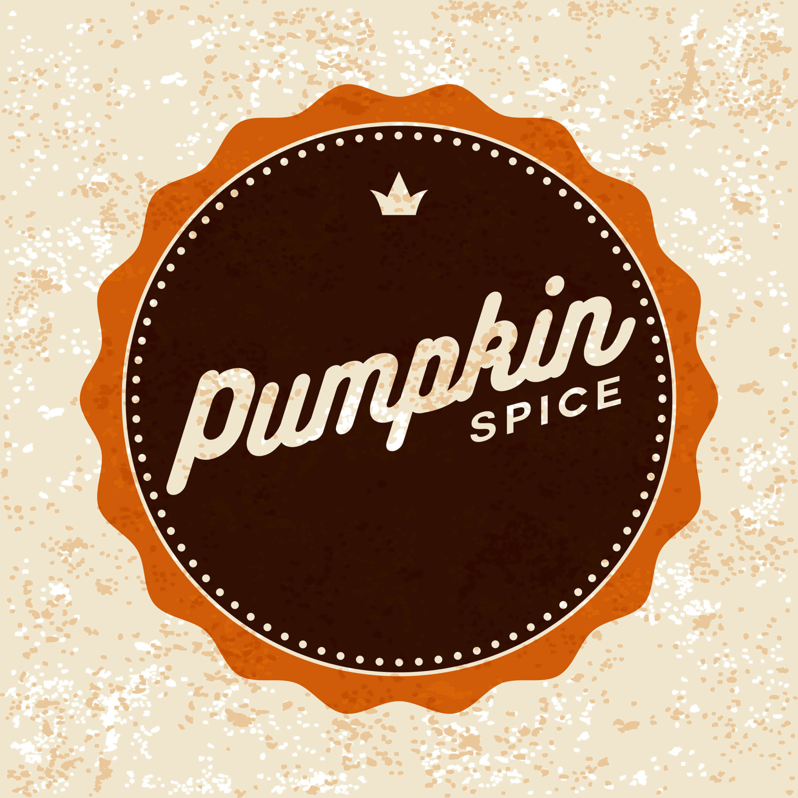 A circular pumpkin pie spice label on a grungy textured background. File is built in CMYK for optimal printing and uses Global color swatches for easy color changes. The label is transparent (multiply opacity).