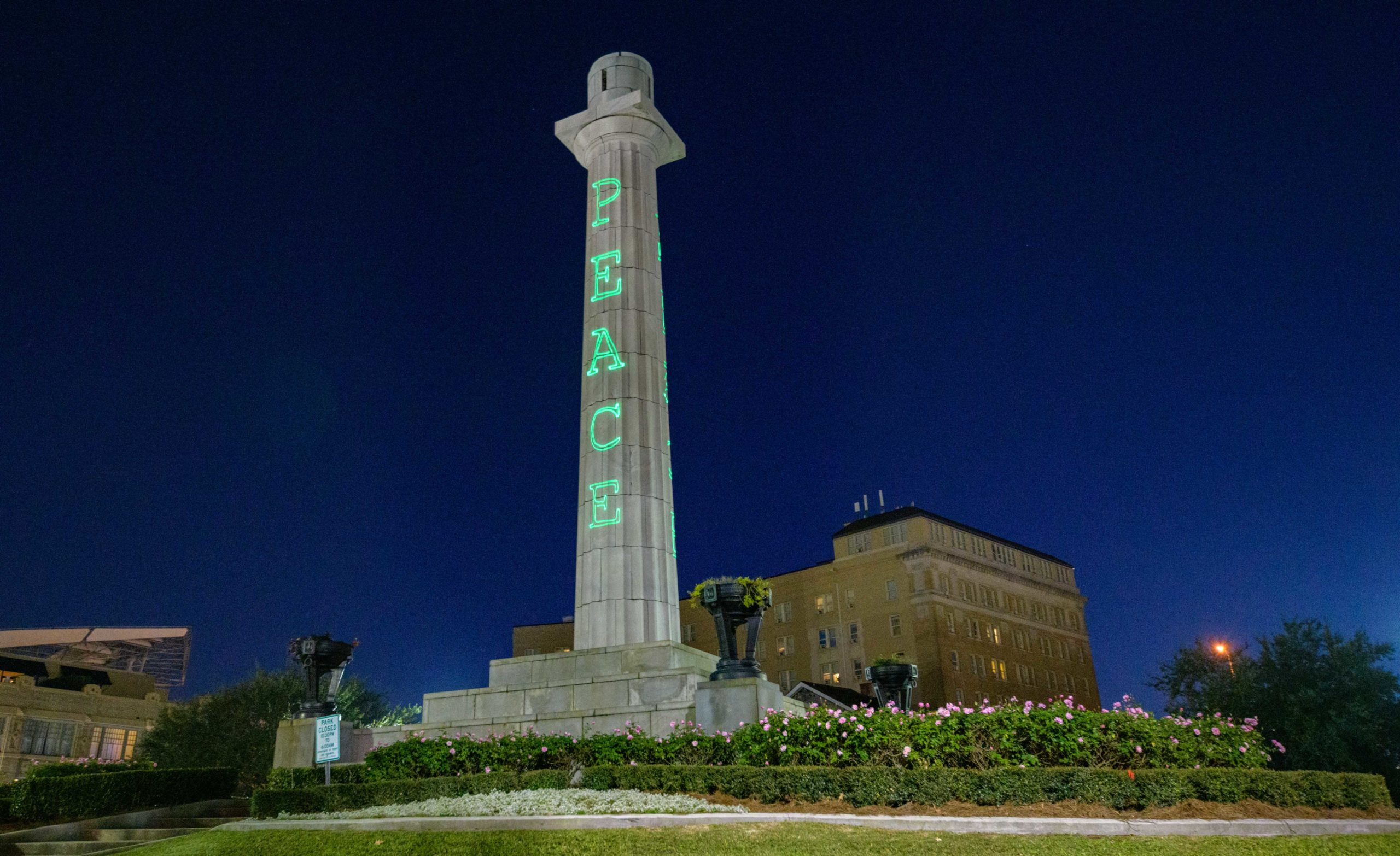 #LunaFete2020 : In celebration of seven years of Luna Fete, seven pillars of light are seen on the Moonwalk in the French Quarter, Friday, December 18, 2020. Due to the COVID-19 pandemic Luna Fete spread out its light displays across the city this year to avoid crowds and maintain social distancing.  According to the Luna Fete website the Skylights installation “honors the history of light festivals, created to combat feelings of isolation and loneliness in the dark winter months. . .light provides a source of hope in the and healing for the future. We encourage you to keep your head up and watch the darkness fade.” Other installations unique to the second weekend include the Chemin Du Bayou directed by Pamela Davis-Noland to celebrate Bayou Road in New Orleans with projections on the Southern Rep Theatre, the former St. Rose de Lima Church. The projection runs 6-10pm nightly through Dec 20th. A third project called Messages of Hope displays words on The Circle, at St. Charles and Howard Ave. “The artwork seeks to unify the New Orleans community with words that demonstrate the power of the human spirit, equity, and inclusion. The New Orleans Jazz Museum was lit green for #LIGHTITGREEN in support of Luna Fete as green is a color of hope and new beginnings. Many of the displays this year are visible along the Lafitte Greenway for the Supernova on the Greenway in conjunction with Luna Fete. Photos by @MattHintonPhoto for @VeryLocalNOLA #LunaFete #artscouncilofneworleans #VLNola #HappyHolidays #NewOrleans #mycrescentcity #neworleanslouisiana #nolalife #herenowlouisiana #gonola #onetimeinnola #itsyournola #showmeyournola #nola #followyournola #exploreneworleans #ilovenola  #greenwaysupernova #FrenchQuarter #AlgiersPoint #StLouisCathedral #Streetcar #NewOrleansStreetcar 